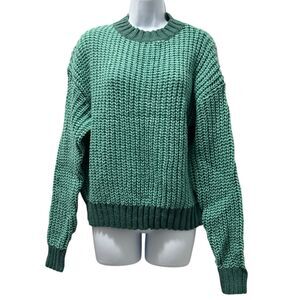 Fashion Sage Green Waffle Knit Crew Pullover Sweater Size M